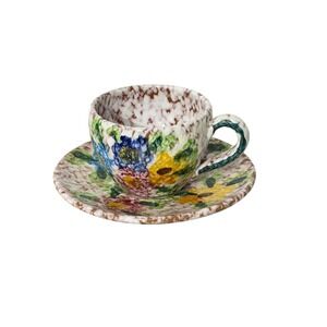 Vintage Nassos Rodos Cup and Saucer Set Multi Floral Spongeware Pottery